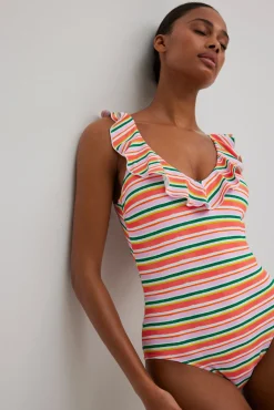 Bañador volantes estampado de rayas micropiqué