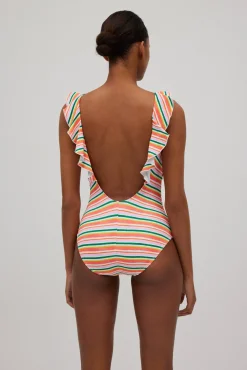 Bañador volantes estampado de rayas micropiqué