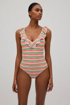 Bañador volantes estampado de rayas micropiqué