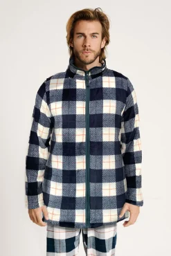 Bata polar hombre cremallera estampado cuadros | MUYDEMI