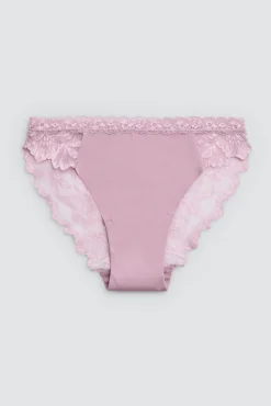 Braga brasileña elástica con encaje lila