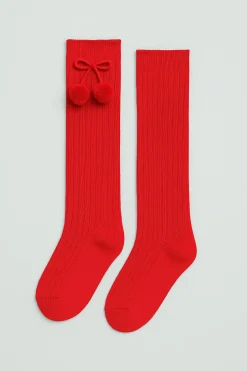 Calcetines largos pompones rojo