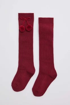 Calcetines largos pompones granate