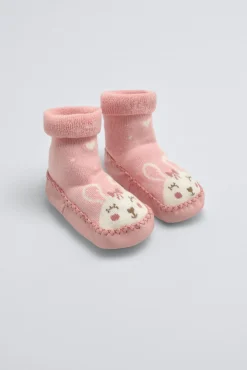 Calcetín zapatilla bebé térmico con suela antideslizante rosa