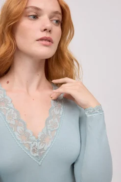 Camiseta manga larga algodón con encaje verde