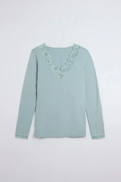 Camiseta manga larga algodón con encaje verde