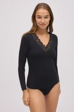 Camiseta manga larga algodón con encaje negra