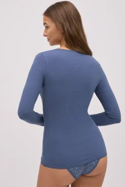 Camiseta manga larga algodón con detalles azul