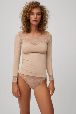 Camiseta manga larga encaje escote y puños nude
