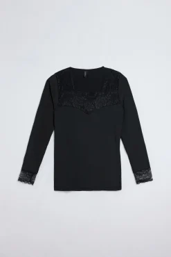 Camiseta manga larga microfibra encaje escote y puños negra