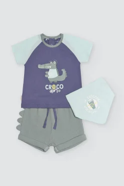 Conjunto bebé 3 piezas camiseta, short y bandana Crocodino