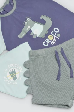 Conjunto bebé 3 piezas camiseta, short y bandana Crocodino