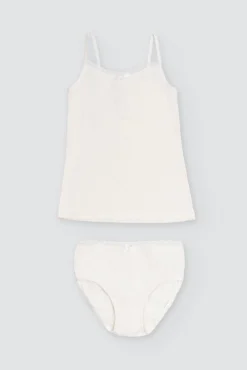 Conjunto camiseta y braguita caladas de niña marfil