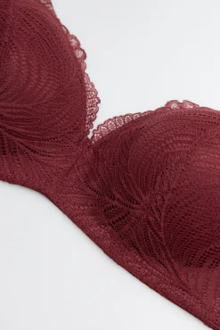 Conjunto lencero sujetador sin aro con relleno y braga midi granate