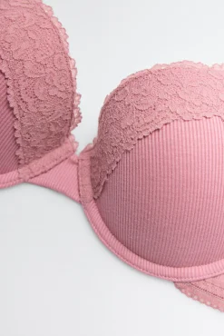 Conjunto lencero sujetador push up y tanga canalé rosa