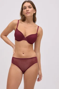 Conjunto sujetador con aro con relleno copa B y braga midi granate