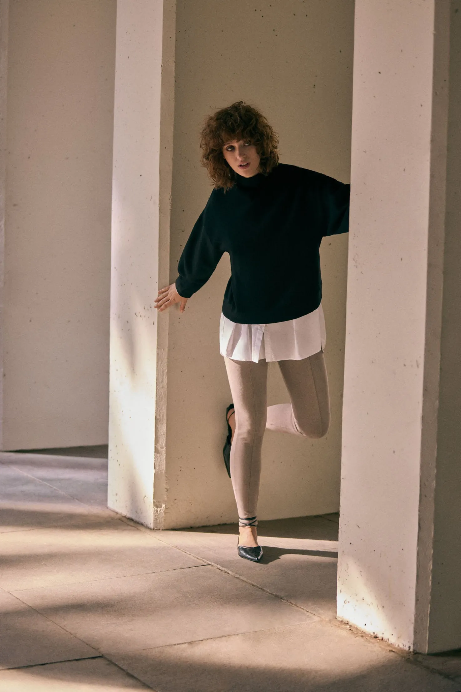 Leggings efecto ante detalle costuras delanteras beige