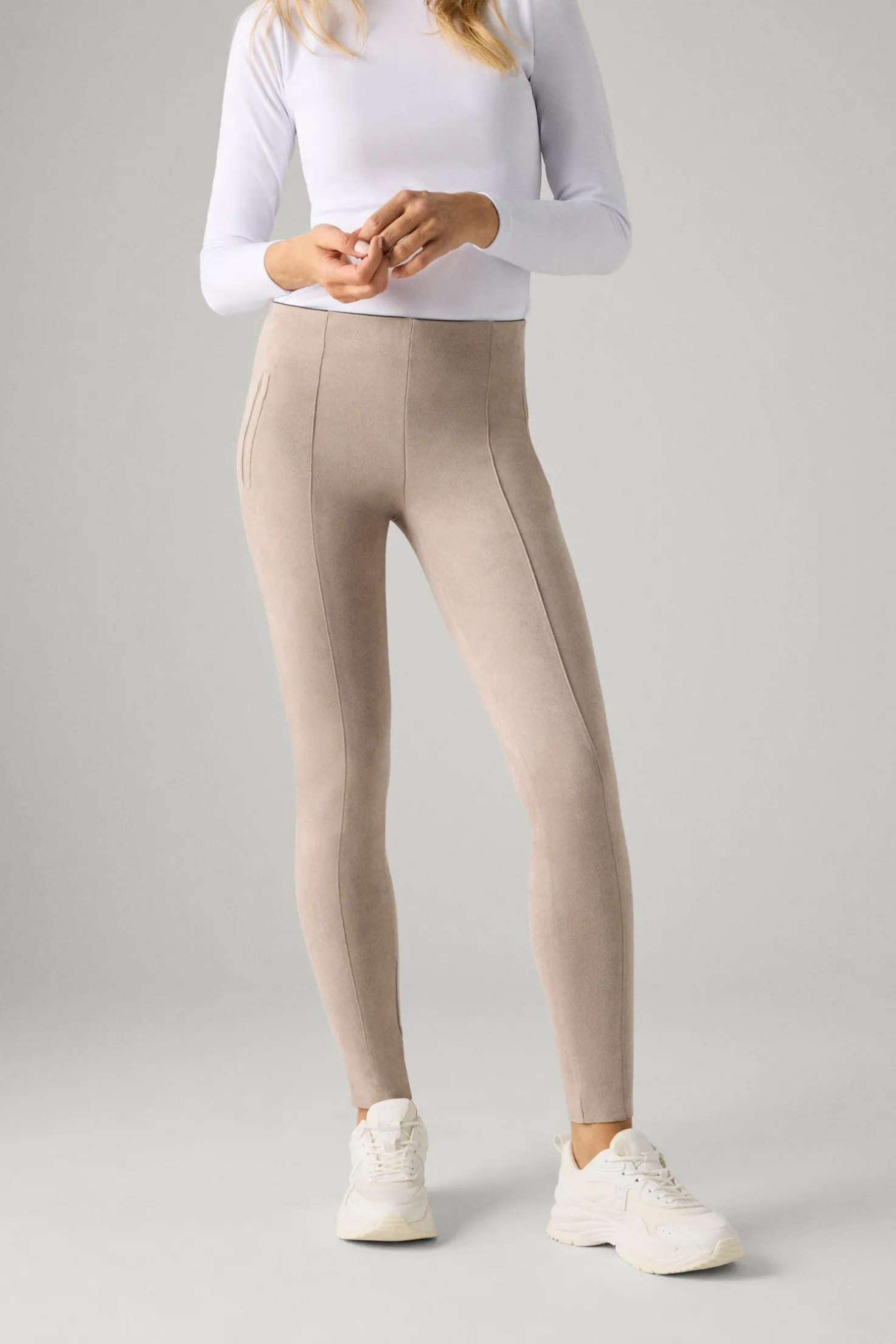 Leggings efecto ante detalle costuras delanteras beige