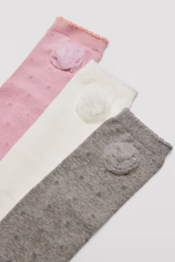 Pack 3 calcetines largos de niña punteados detalle de flor