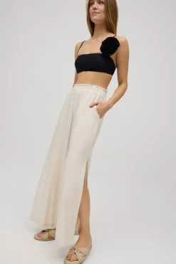 Pantalón ancho abertura con lino