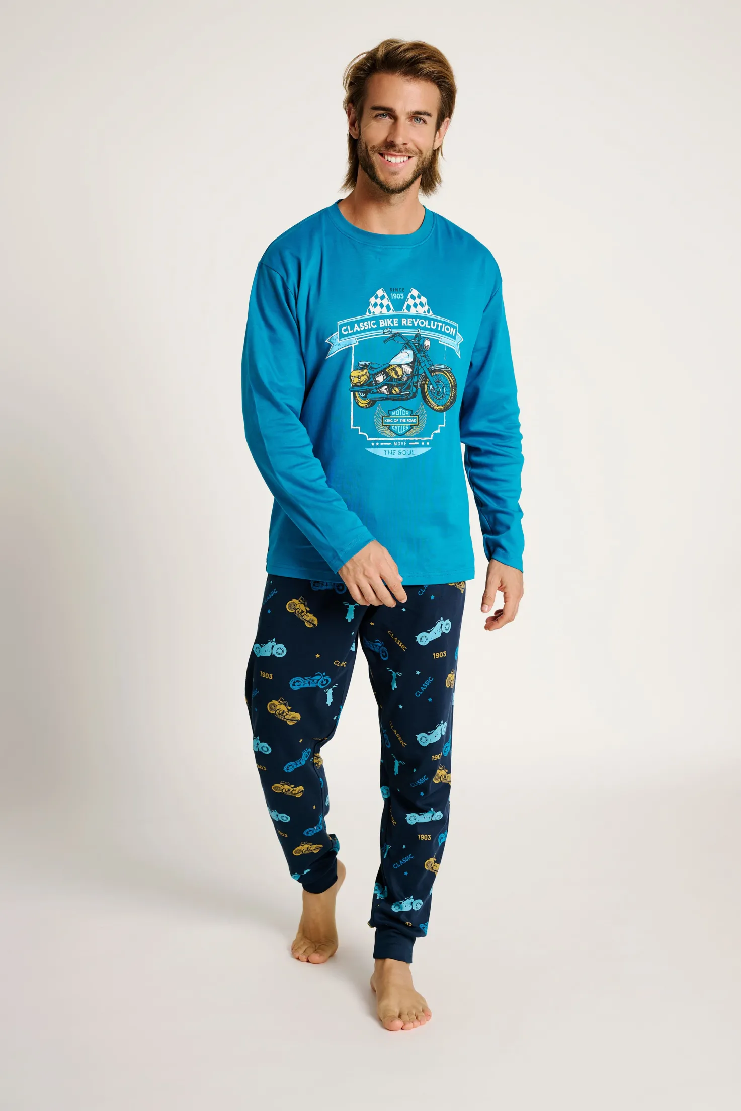 Pijama hombre largo algodón estampado motos | MUYDEMI