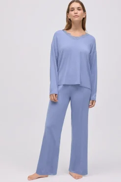 Pijama largo extra suave de modal pantalón ancho azul