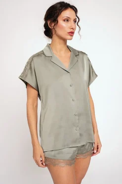 Pijama mujer camisero corto satén verde | MUYDEMI