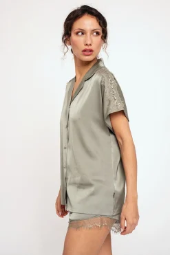 Pijama mujer camisero corto satén verde | MUYDEMI