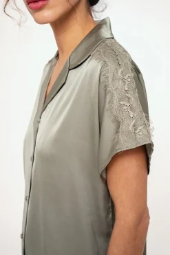 Pijama mujer camisero corto satén verde | MUYDEMI