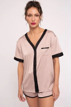 Pijama mujer corto camisa abotonada satén rosa | MUYDEMI