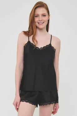 Pijama mujer corto satén negro | MUYDEMI