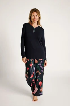 Pijama mujer largo pantalón satinado flores | MUYDEMI