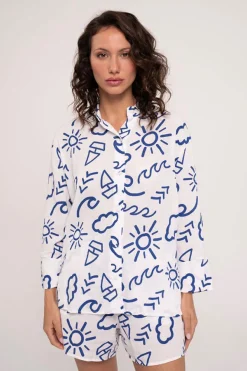 Pijama mujer shorts y camisa manga larga abotonada estampado | MUYDEMI