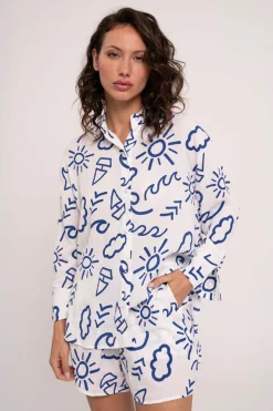 Pijama mujer shorts y camisa manga larga abotonada estampado | MUYDEMI