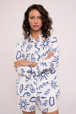 Pijama mujer shorts y camisa manga larga abotonada estampado | MUYDEMI