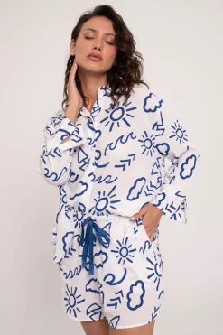 Pijama mujer shorts y camisa manga larga abotonada estampado | MUYDEMI