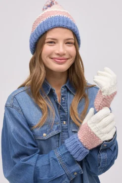 Set gorro con pompón y guantes de punto colores