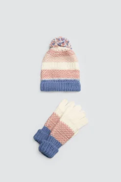 Set gorro con pompón y guantes de punto colores