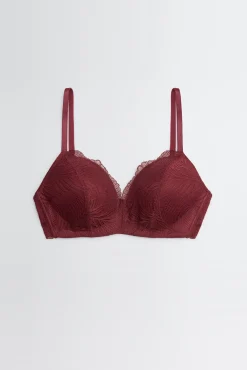Sujetador sin aro de relleno de encaje granate copa B