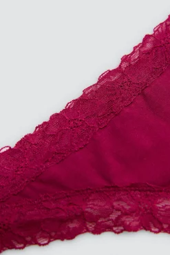 Tanga algodón detalles encaje granate