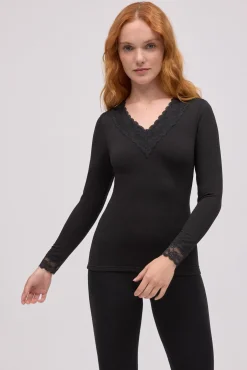 TÉRMICO Camiseta térmica cuello pico detalles encaje negro