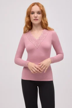 TÉRMICO Camiseta térmica cuello pico detalles encaje rosa