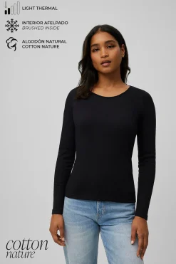 TÉRMICO LIGERO Camiseta algodón manga larga cuello redondo negro