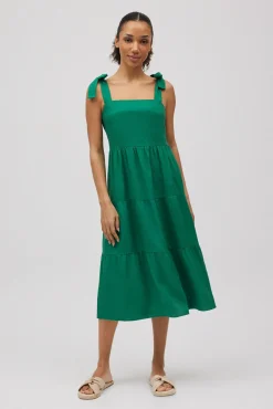 Vestido midi con lino tirantes anchos verde