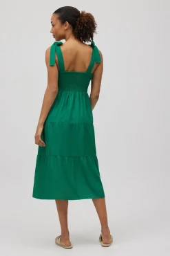 Vestido midi con lino tirantes anchos verde
